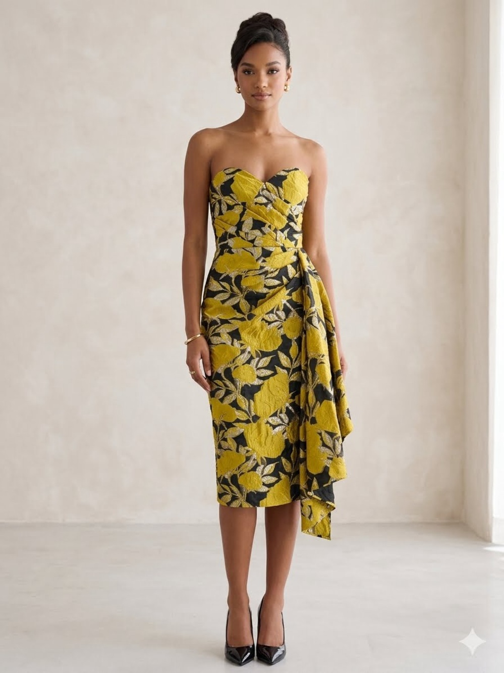 Theia Strapless Yellow and Black Floral Jacquard Dress